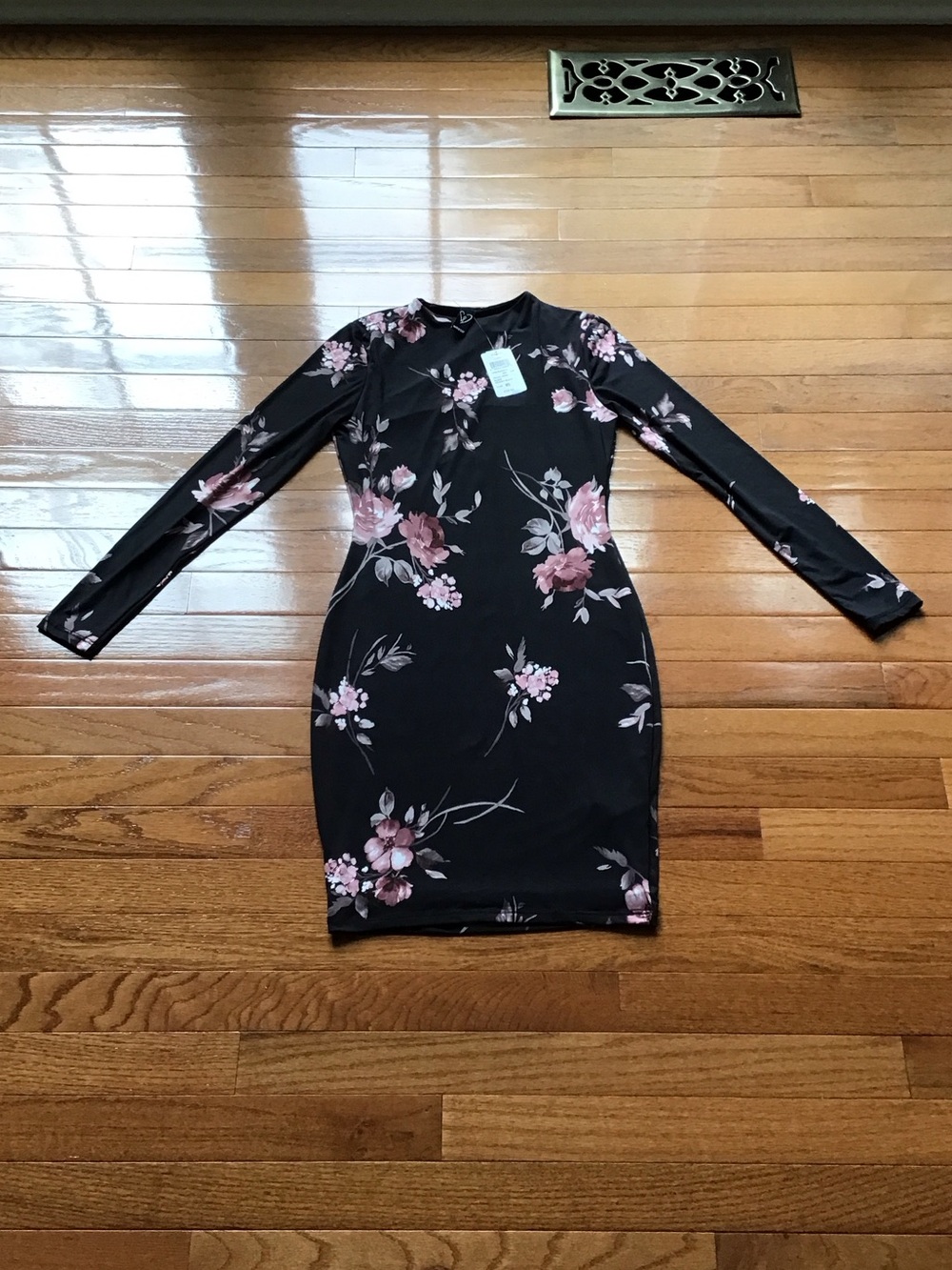 Windsor Black Long-Sleeve Floral Bodycon Dress with Pink Blossoms
